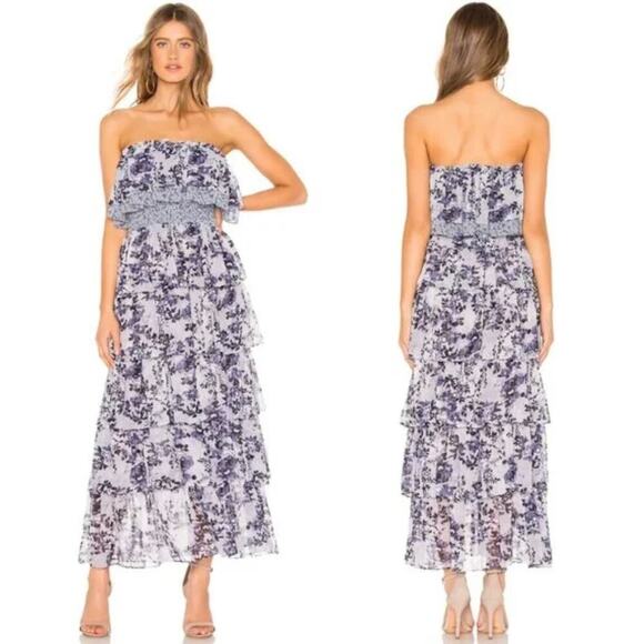 MISA Nadia Strapless Maxi Dress - Blue Floral - Tiered Ruffles - Size Large - Picture 1 of 6